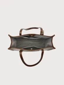 Geometric Pattern Contrast Binding Shoulder Tote Bag With Coin Purse Large-Capacity Retro Tote Bag, Geometric Pattern Shoulder Bag With Hanging Purse, Women's Colorblock Shoulder Bag , Women Bag With Dime Bag - Multicolor - View 3