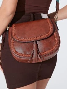 Western Style Tassel Decor Braided Trim Saddle Bag, Leopard Strap Flap Crossbody Purse With Convertible Strap, Large Capacity Tote Bag For Work And Travel, Western Purse For Women, Bohemia Style Bag For Women, Perfect For Rodeo Occasion