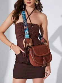 Western Style Tassel Decor Braided Trim Saddle Bag, Leopard Strap Flap Crossbody Purse With Convertible Strap, Large Capacity Tote Bag For Work And Travel, Western Purse For Women, Bohemia Style Bag For Women, Perfect For Rodeo Occasion