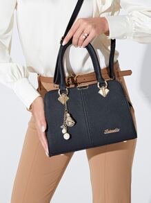 Waterproof,Lightweight,Business Casual Metal Letter Detail Tote Bag With Bag Charm For Teen Girls Women College Students,Rookies & White-collar Workers Perfect for Office,College,Work ,Business,Commute - Black - View 1