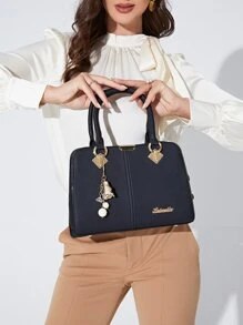 Waterproof,Lightweight,Business Casual Metal Letter Detail Tote Bag With Bag Charm For Teen Girls Women College Students,Rookies & White-collar Workers Perfect for Office,College,Work ,Business,Commute - Black - View 3