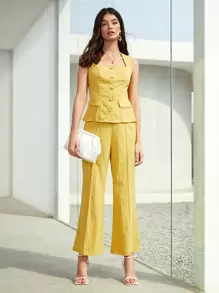 BizChic Button Front Tank Top & Wide Leg Trousers - Yellow - View 3