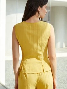 BizChic Button Front Tank Top & Wide Leg Trousers - Yellow - View 4