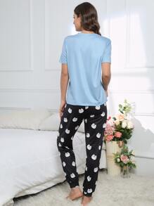 Cartoon & Letter Graphic PJ Set / Pajama Set - Multicolor - View 2