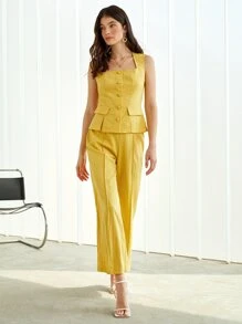 BizChic Button Front Tank Top & Wide Leg Trousers - Yellow - View 6