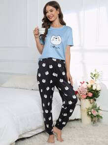 Cartoon & Letter Graphic PJ Set / Pajama Set - Multicolor - View 3