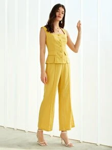 BizChic Button Front Tank Top & Wide Leg Trousers - Yellow - View 7