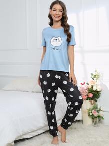 Cartoon & Letter Graphic PJ Set / Pajama Set - Multicolor - View 5
