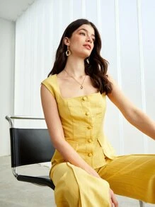 BizChic Button Front Tank Top & Wide Leg Trousers - Yellow - View 8