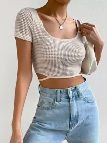 SHEIN EZwear Áo thun nữ Cắt ra màu trơn Giải trí - Màu be - Xem 1