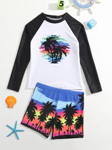 Boys Tropical Print High Neck Beach Swimsuit - Multicolor - View 1