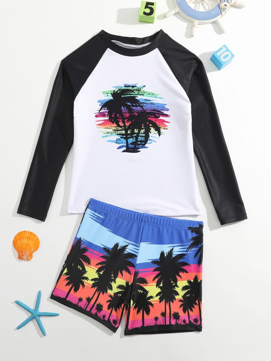 Boys Tropical Print High Neck Beach Swimsuit - Multicolor - View 1