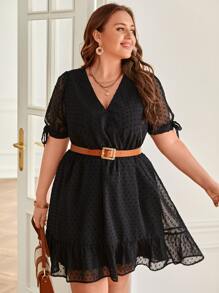 SHEIN Frenchy Plus Swiss Dot Knot Cuff Ruffle Hem Dress Without Belt - Black - View 1