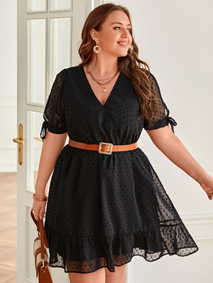 SHEIN Frenchy Plus Swiss Dot Knot Cuff Ruffle Hem Dress Without Belt - Black - View 1