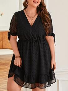 SHEIN Frenchy Plus Swiss Dot Knot Cuff Ruffle Hem Dress Without Belt - Black - View 3