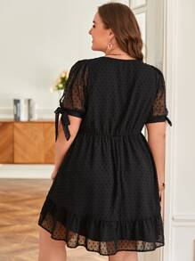 SHEIN Frenchy Plus Swiss Dot Knot Cuff Ruffle Hem Dress Without Belt - Black - View 5