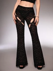 SHEIN ICON Zebra Striped Cut Out Flare Leg Trousers - Black - View 1
