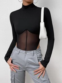 SHEIN BAE Mock Neck Mesh Panel Bodysuit - Black - View 1