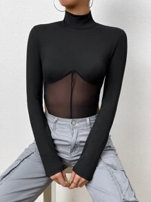 SHEIN BAE Mock Neck Mesh Panel Bodysuit - Black - View 3
