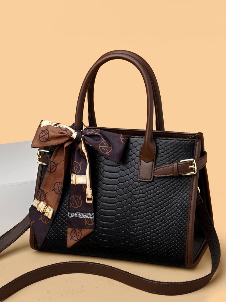 Skinny Scarf Decor Crocodile Embossed Top Handle Bag For Teen Girls Women College Students,Rookies & White-Collar Workers Perfect For Office,Work ,Business,Commute Best Work Bag For Women - Black - View 1