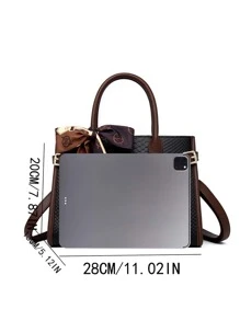 Twilly 圍巾裝飾鱷魚壓花頂部提手包適合青少年女孩女大學生、新秀和白領人士非常適合辦公室、工作、商務、通勤最佳女士工作包 - 黑色 - 查看 3