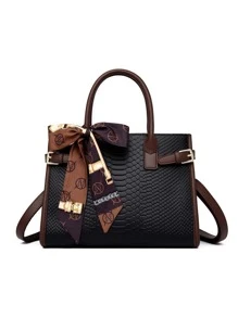 Twilly 圍巾裝飾鱷魚壓花頂部提手包適合青少年女孩女大學生、新秀和白領人士非常適合辦公室、工作、商務、通勤最佳女士工作包 - 黑色 - 查看 4