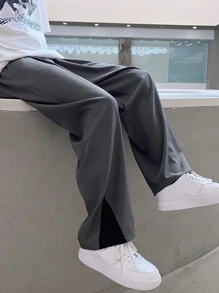 Manfinity Men Contrast Panel Slant Pocket Trousers - Dark Grey - View 1