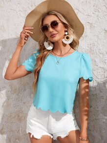 SHEIN Clasi 泡泡袖貝殼邊後鎖孔襯衫 - 薄荷藍 - 查看 2