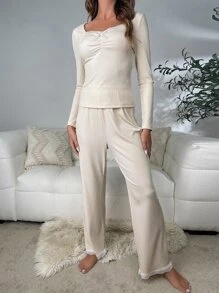 Conjunto de pijama con volantes y ribete de encaje de contraste - Beis - Ver 6