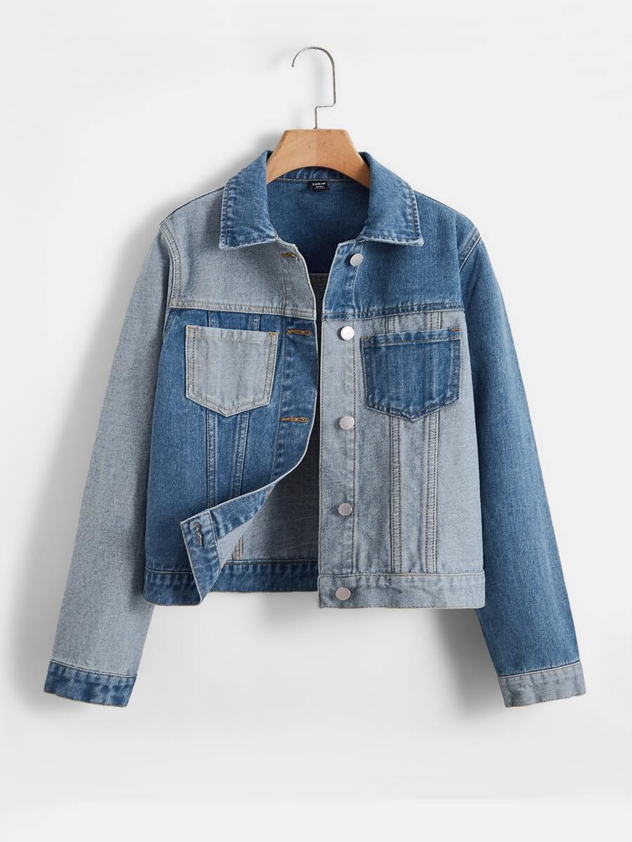 SHEIN Teen Girls Two Tone Denim Jacket - Multicolor - View 1
