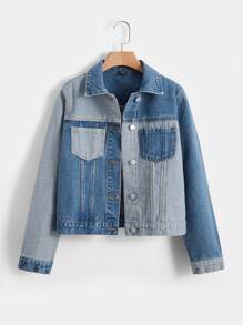 SHEIN Teen Girls Two Tone Denim Jacket - Multicolor - View 5