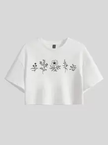 Anis Illustration Floral Print Drop Shoulder Tee - White - View 1