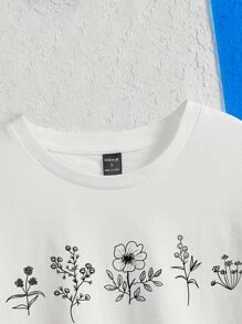 Anis Illustration Floral Print Drop Shoulder Tee - White - View 4