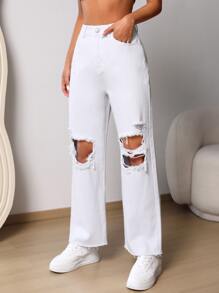 SHEIN EZwear Ripped Raw Cut Straight Leg Jeans - White - View 1