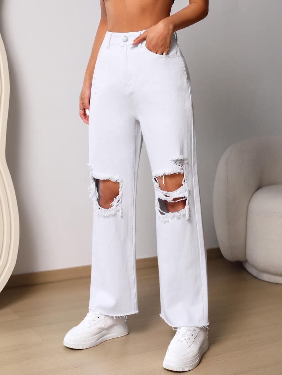 SHEIN EZwear Ripped Raw Cut Straight Leg Jeans - White - View 1