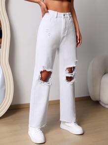 SHEIN EZwear Ripped Raw Cut Straight Leg Jeans - White - View 3