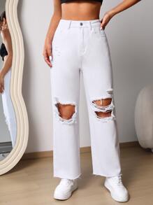 SHEIN EZwear Ripped Raw Cut Straight Leg Jeans - White - View 4