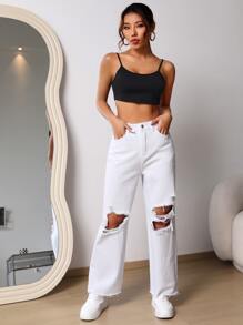 SHEIN EZwear Ripped Raw Cut Straight Leg Jeans - White - View 5
