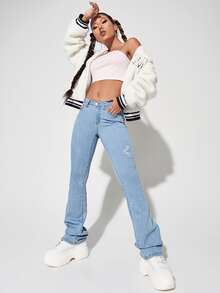 Ripped Frayed Flare Leg Jeans - Light Wash - View 3