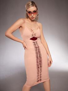 SHEIN ICON Ladder Cut Front Bodycon Dress - Coral Pink - View 5