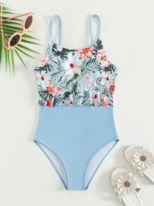SHEIN Teen Girls Floral Print Ruffle Print One Piece Swimsuit - Baby Blue - View 1