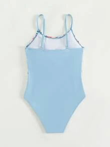 SHEIN Teen Girls Floral Print Ruffle Print One Piece Swimsuit - Baby Blue - View 2