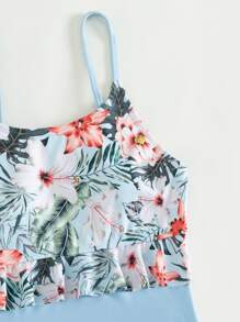 SHEIN Teen Girls Floral Print Ruffle Print One Piece Swimsuit - Baby Blue - View 3