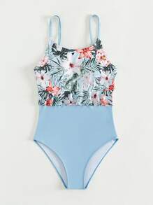 SHEIN Teen Girls Floral Print Ruffle Print One Piece Swimsuit - Baby Blue - View 5
