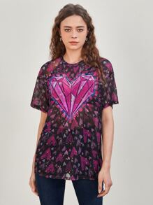 Taylor Bash Top con estampado de corazón de hombros caídos de malla - Multicolor - Ver 1