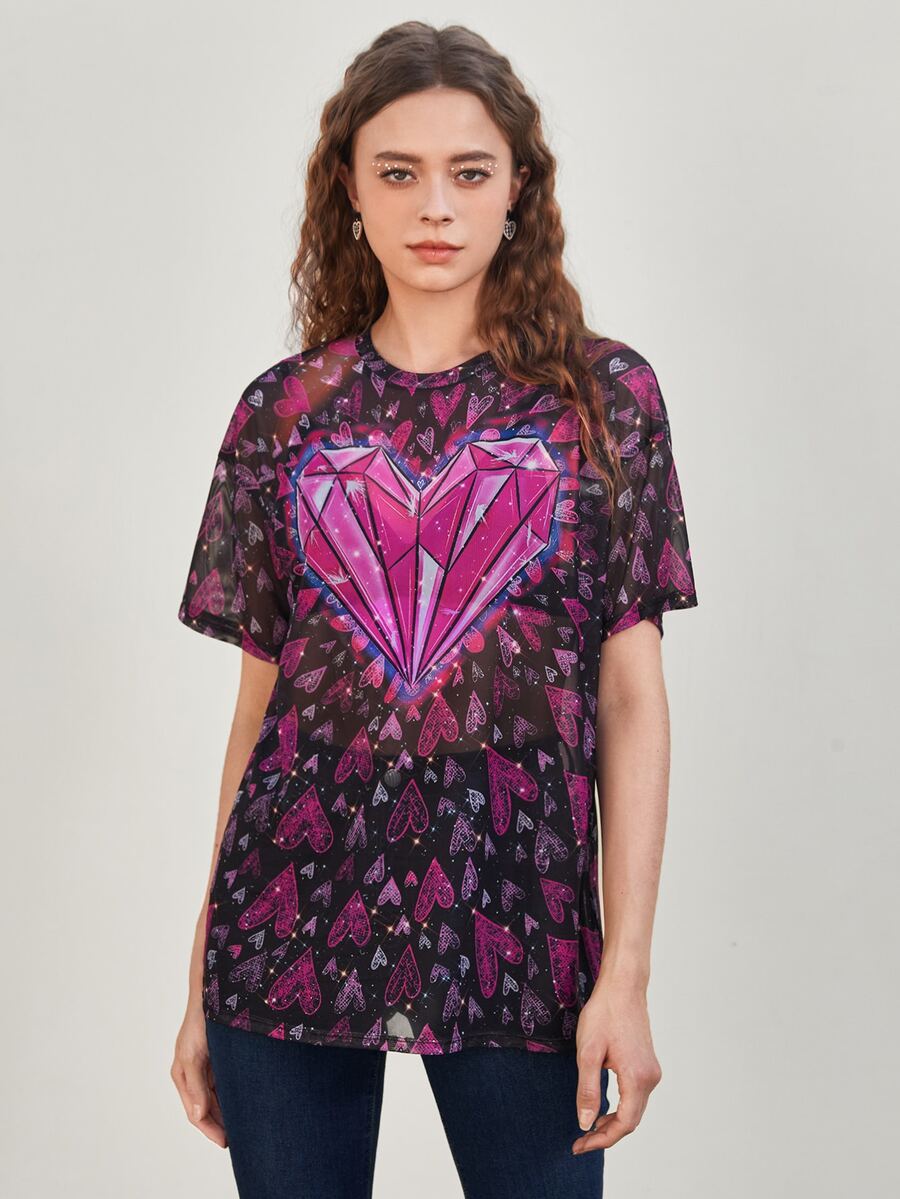 Taylor Bash Top con estampado de corazón de hombros caídos de malla - Multicolor - Ver 1