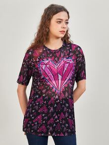 Taylor Bash Top con estampado de corazón de hombros caídos de malla - Multicolor - Ver 5