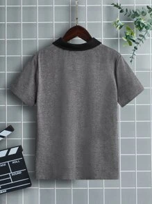 SHEIN 男孩字母圖案撞色POLO衫 - 深灰色 - 查看 2