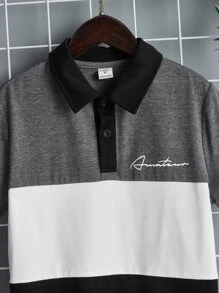 SHEIN 男孩字母圖案撞色POLO衫 - 深灰色 - 查看 3