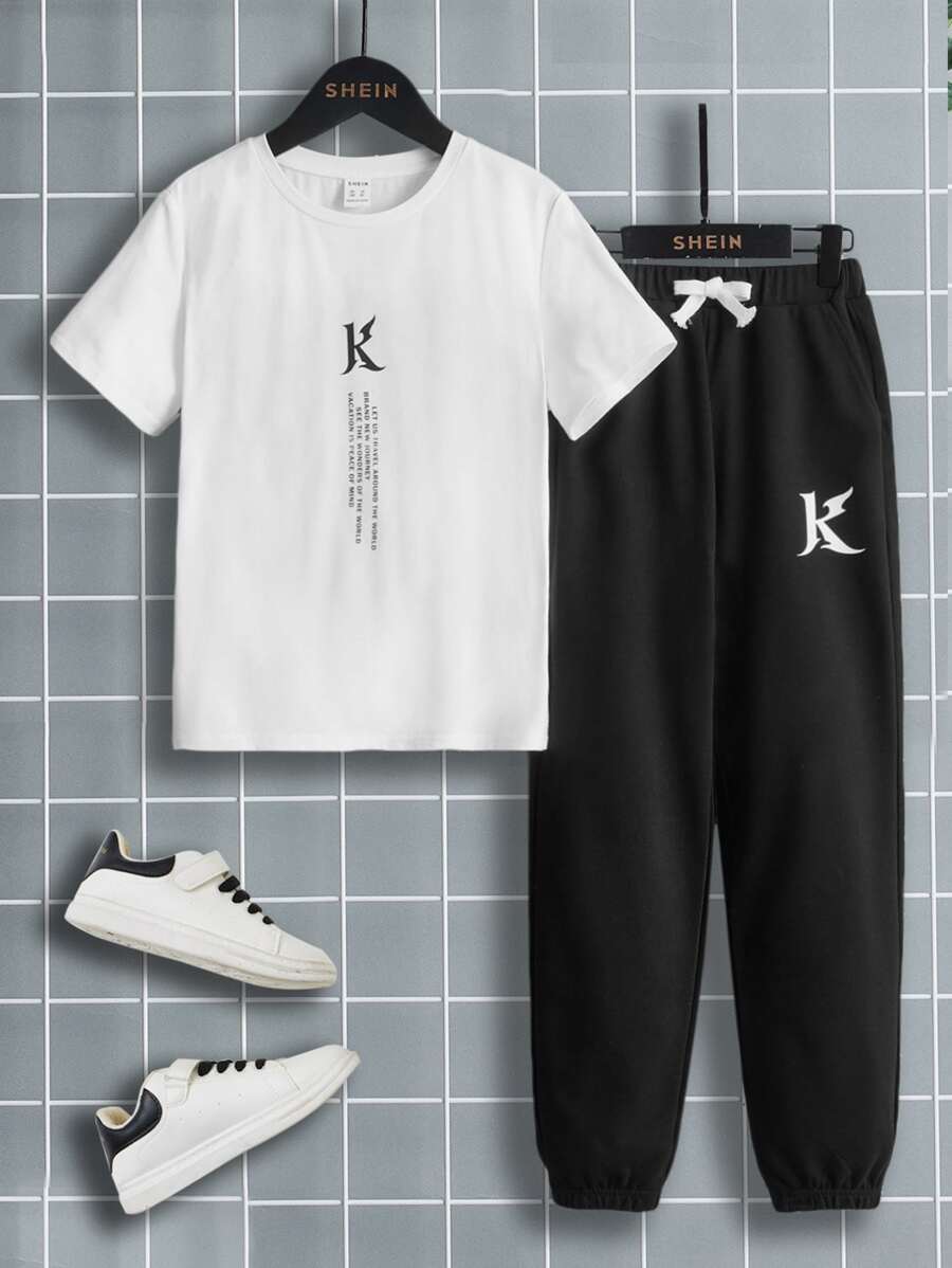 SHEIN Boys Slogan Graphic Tee & Joggers - Black and White - View 1